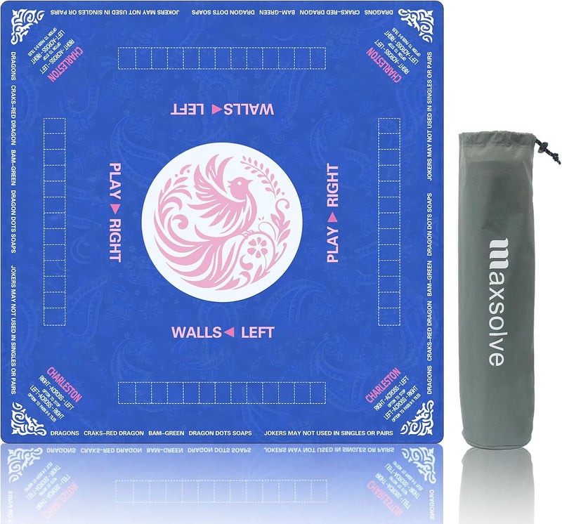 Maxsolve Store 2025 Mahjong Mat, 31.5" x 31.5" Neoprene Mahjong Table Mat with Rules, Anti Slip & Noise Reduction Gaming Mat for Poker, Card, Dominoes, Board & Tile Games, Mahjong Gift with Carrying Bag - Blue - Image 1